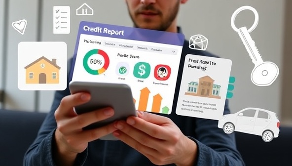 An individual reviewing their credit report on a digital device, with a credit score dashboard displaying positive changes and credit improvement tips, surrounded by financial success symbols like a key to a new home or a car, conveying progress and financial empowerment.