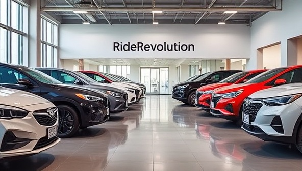 A modern and sleek image of a variety of cars lined up in a subscription service showroom, showcasing the diverse vehicle options available through RideRevolution Subscription and the convenience of flexible car access.