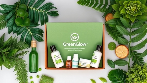 An aesthetically pleasing flat lay image of a GreenGlow Box filled with eco-friendly beauty products, surrounded by lush greenery and natural elements, symbolizing sustainability and wellness in a subscription box format.