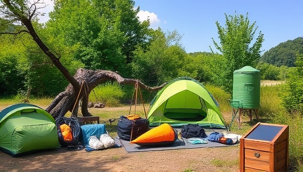 An array of eco-friendly camping gear neatly displayed in a natural outdoor setting, showcasing the sustainable and high-quality equipment available for rent, surrounded by lush greenery and clear skies.