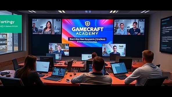 A virtual classroom setting within GameCraft Academy, featuring interactive workshops, hands-on game development exercises, and mentorship sessions with industry professionals, creating a collaborative and immersive learning environment for aspiring game developers.