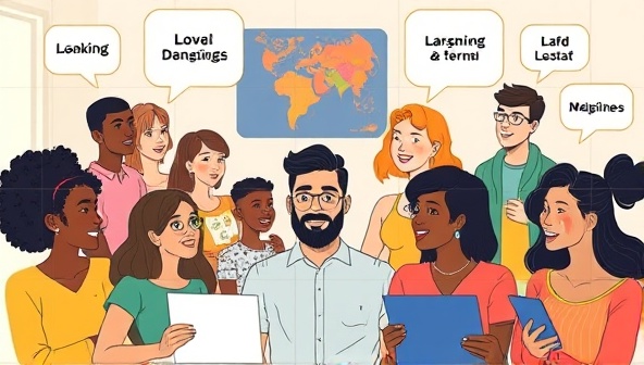 An engaging digital illustration of diverse individuals engaging in a virtual language lesson, with speech bubbles showcasing different languages being learned, conveying inclusivity and dynamic learning experiences.