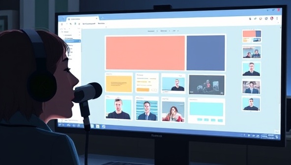 An artistic visualization of a user speaking into a microphone, commanding website design elements to rearrange and customize themselves on a digital screen, highlighting the hands-free and interactive nature of VoxSiteBuilder's voice-activated design tool.