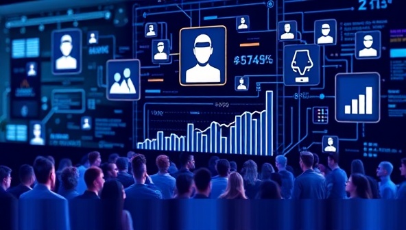 An AI algorithm analyzing social media profiles and engagement metrics, with a visual representation of influencers connecting with diverse audiences, symbolizing the platform's cutting-edge technology and market relevance.
