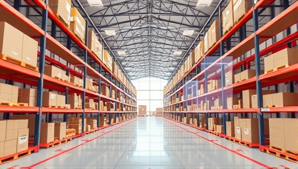 A futuristic digital rendering of a warehouse interior overlaid with AR elements showing optimized storage rack placements and inventory organization, illustrating the advanced capabilities and precision of the AR warehouse layout planning service.