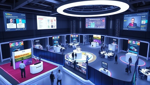 A futuristic digital rendering showcasing a virtual event space with interactive booths, presentation stages, and networking areas, set against a backdrop of digital screens displaying event schedules and participant interactions, highlighting the versatility and engagement of virtual events.