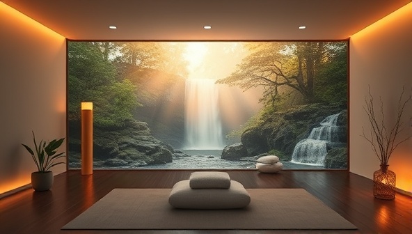 A tranquil virtual retreat setting with soothing colors, soft lighting, and images of nature elements like waterfalls, forests, and tranquil landscapes, evoking a sense of calmness and relaxation for a wellness escape.