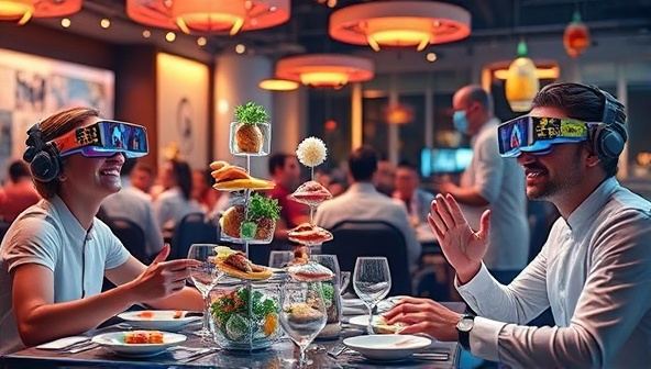 An engaging scene depicting diners wearing AR glasses, surrounded by virtual food sculptures, floating ingredients, and digital chefs interacting with them, creating a futuristic and visually captivating dining atmosphere.