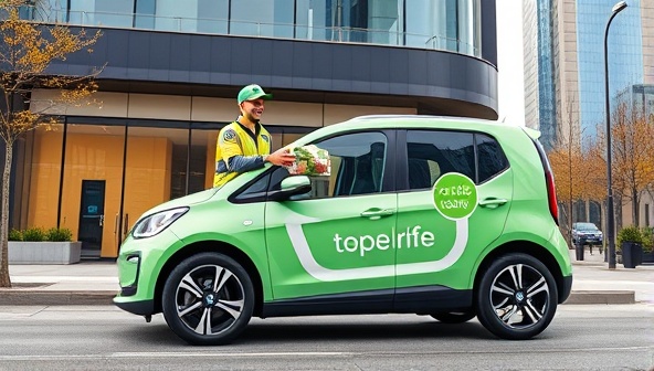 An artistic rendering of an electric delivery vehicle adorned with eco-friendly branding, parked in front of a modern urban building, with a delivery driver handing over a sustainable packaged meal to a smiling customer, showcasing the fusion of convenience and sustainability in food delivery.