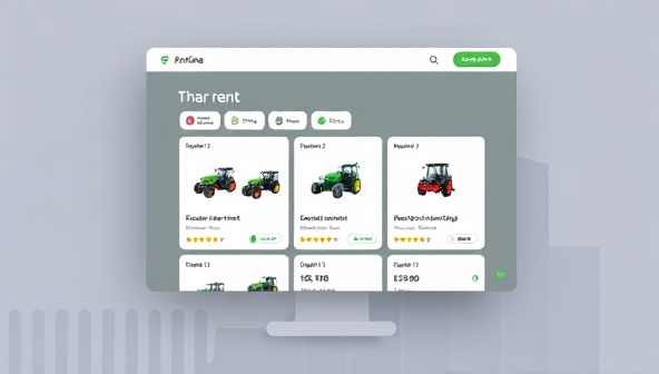 An online platform interface showcasing a variety of agricultural equipment available for rent, with detailed descriptions, rental rates, and user reviews, providing a seamless and efficient solution for farmers to access the tools they need for their operations.