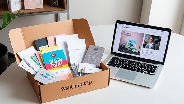 A visually appealing subscription box filled with design goodies like color swatches, sketchbooks, and inspirational cards, arranged neatly on a desk with a modern laptop displaying a sleek web design layout, conveying the essence of creativity and inspiration from WebCraft Kits.