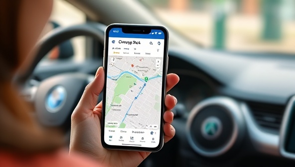 An image of an EV driver using the ChargeSpot Finder app on a smartphone to locate a nearby charging station, with a map displaying available spots and user ratings, showcasing the convenience and user-friendly interface of the platform.