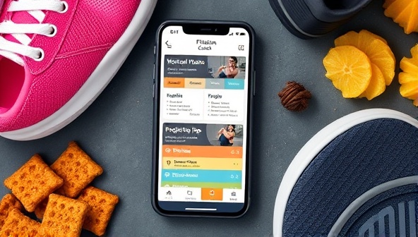 A smartphone displaying the FitFusion Coach app interface with personalized workout plans, nutrition tips, and progress tracking features, surrounded by fitness gear and healthy snacks, showcasing a comprehensive and interactive fitness coaching experience.