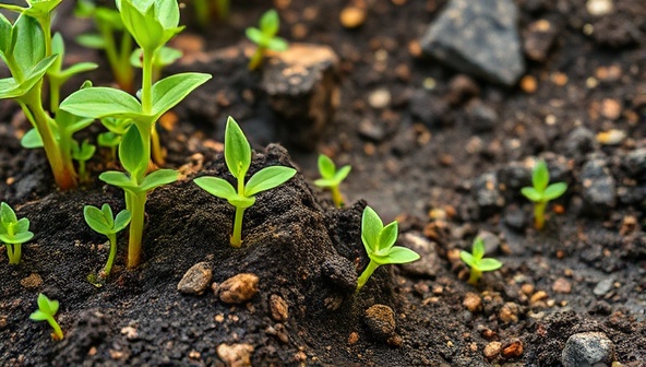 An image of a bio-mining site with plants and microbial cultures actively extracting minerals from the soil, showcasing the symbiotic relationship between nature and mining operations, and highlighting sustainable extraction practices.