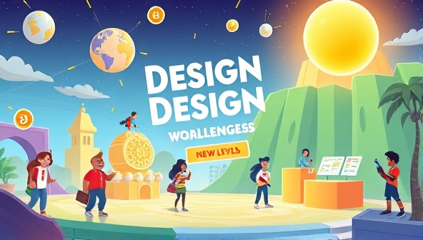 An animated illustration of a virtual design world with characters engaging in design challenges, earning badges, and unlocking new levels, creating a vibrant and immersive learning environment for web design enthusiasts.
