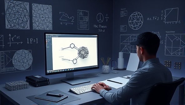 A digital workspace featuring a designer creating intricate parametric models on a computer screen, surrounded by geometric patterns, mathematical formulas, and design sketches, illustrating the fusion of technology and creativity in parametric design training.