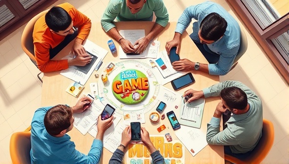 A vibrant visual of indie developers brainstorming and collaborating on game concepts around a table filled with sketches, notes, and digital devices, illustrating a creative and dynamic environment for mobile game development consultancy.