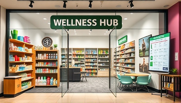An inviting storefront design of the pharmacy wellness hub showcasing a vibrant and welcoming space with shelves of health products, a wellness cafe corner, and a schedule board for upcoming fitness classes and wellness events, exuding a sense of community, health, and vitality.