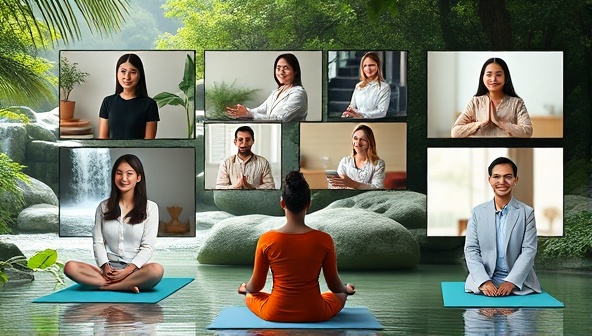 A serene digital landscape featuring diverse wellness professionals engaging in virtual consultations with clients, surrounded by calming nature elements like greenery, waterfalls, and yoga mats, highlighting the platform's focus on holistic well-being and personalized care.