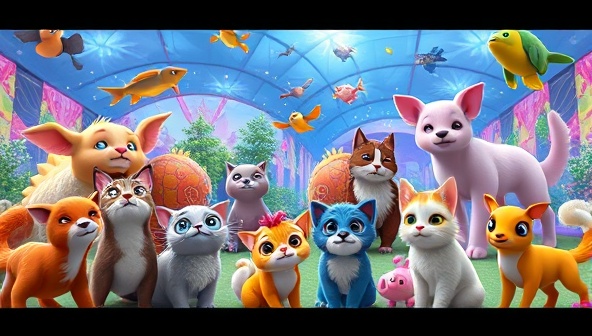 An engaging virtual world filled with colorful and adorable virtual pets of various species, showcasing their unique personalities and interactions with the users in a vibrant digital environment.