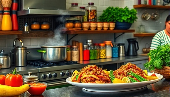 A vibrant kitchen scene filled with exotic spices, fresh produce, and colorful cookware, with a steaming pot on the stove and a beautifully plated dish on the counter, evoking the sensory experience of a culinary journey through global flavors and aromas.