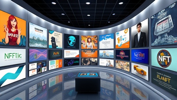 An artistic representation of a digital gallery showcasing NFT-inspired web designs as unique and collectible artworks, with interactive elements and blockchain verification symbols, highlighting the innovative fusion of web design and NFT technology by WebArt NFT.