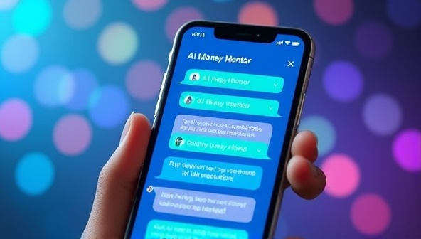 An engaging and futuristic chatbot interface on a smartphone screen, showcasing the AI Money Mentor providing financial advice and insights to a user, creating a seamless and interactive experience for users seeking financial guidance.
