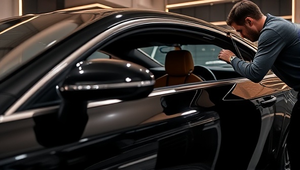 An elegant image featuring a luxurious car being meticulously detailed by a professional, with gleaming surfaces, plush interiors, and the backdrop of a posh setting, conveying sophistication and exclusivity.