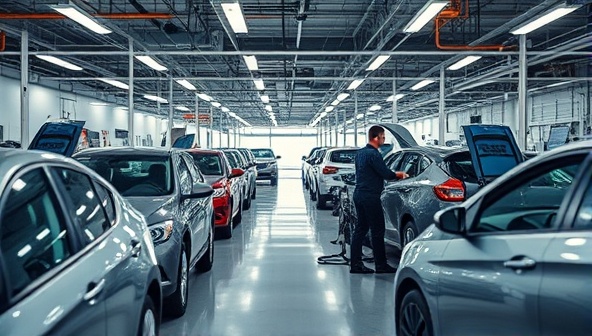 An image of a state-of-the-art tech repair hub interior with rows of cars being serviced for their electronic systems, expert technicians working on advanced tech components, and high-tech diagnostic tools, showcasing precision and innovation in automotive technology repair.