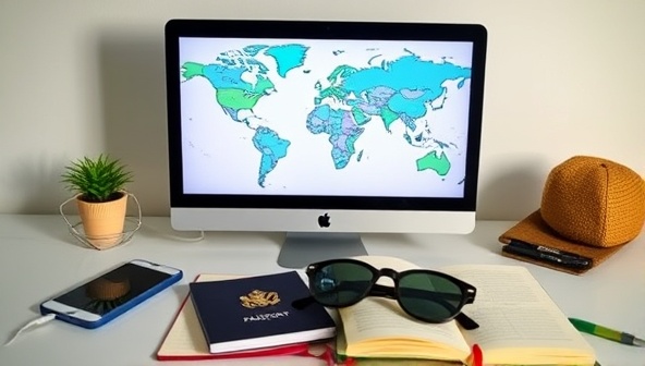 A digital workspace with a world map on the screen, a passport, a pair of sunglasses, and a travel journal, creating a sense of wanderlust and adventure.
