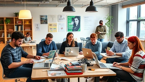 A diverse group of writers collaborating in a modern co-working space, each immersed in their niche topic, surrounded by research materials, laptops, and industry-specific publications, showcasing a dynamic and focused environment for creative content creation.