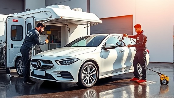 A vibrant visual of a mobile detailing unit parked next to a sparkling clean car, with technicians in branded uniforms using specialized equipment to sanitize and detail the vehicle, showcasing professionalism and attention to detail.