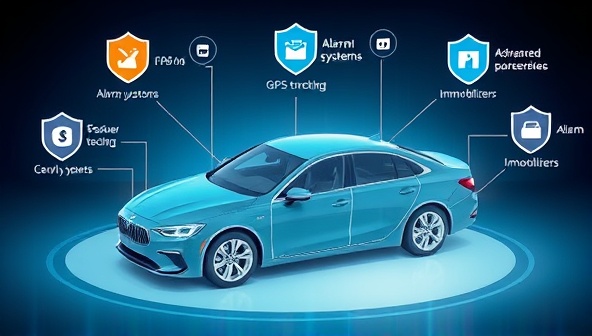 An illustrative image of a car equipped with advanced security features such as GPS tracking, alarm systems, and immobilizers, surrounded by a digital overlay of security alerts and protective shields, symbolizing the concept of secure and fortified vehicle protection offered by the online platform.
