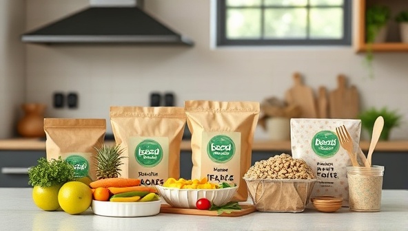 An assortment of eco-friendly food packaging products including biodegradable containers, compostable wraps, and reusable utensils displayed in a modern kitchen setting, alongside fresh produce and eco-conscious branding, conveying a harmonious blend of sustainability and practicality in food packaging.
