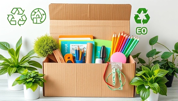 An aesthetically pleasing image showcasing a variety of eco-friendly school supplies neatly arranged in a recycled cardboard box, surrounded by green plants and eco-conscious symbols, creating a visually appealing and environmentally friendly impression.
