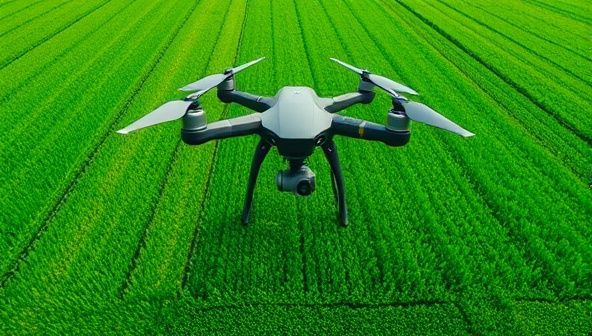 An aerial view captured by a drone showing vibrant green fields with distinct crop zones, highlighting the precision and efficiency of drone-based agriculture management.