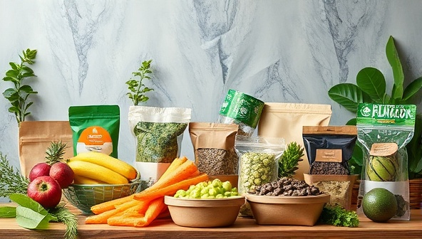 An artistic display of eco-friendly food packaging options made from recycled materials, plant-based fibers, and biodegradable plastics, arranged in a visually appealing and environmentally conscious setting, conveying a message of sustainability and innovation in the food industry.