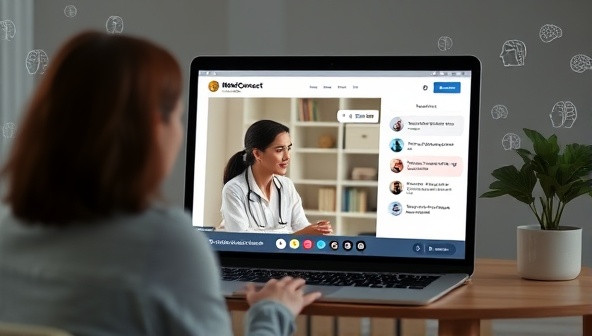 A poignant visual representation of MindConnect Online platform showcasing a therapist engaging in a virtual counseling session with a client, with soothing background elements and mental health symbols, conveying empathy, support, and the importance of accessible mental wellness resources.