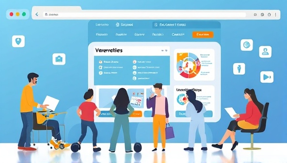 An artistic representation of a website interface with diverse users interacting seamlessly, including individuals with visual, auditory, and motor impairments, symbolizing inclusivity and universal design principles.