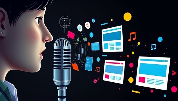 An artistic representation of a user speaking into a microphone, with colorful design elements and website layouts materializing in response to the voice commands, highlighting the intuitive and interactive nature of VoiceWebCreate's voice-activated web design platform.