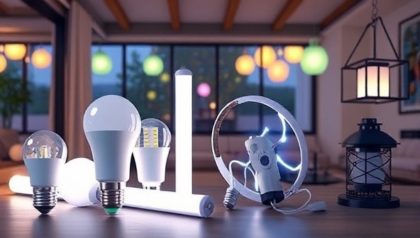 An eye-catching visual featuring a variety of energy-efficient lighting products like LED bulbs, smart lighting strips, and solar lanterns, set against a backdrop of a modern living space with ambient eco-friendly lighting, conveying the concept of energy efficiency and style.