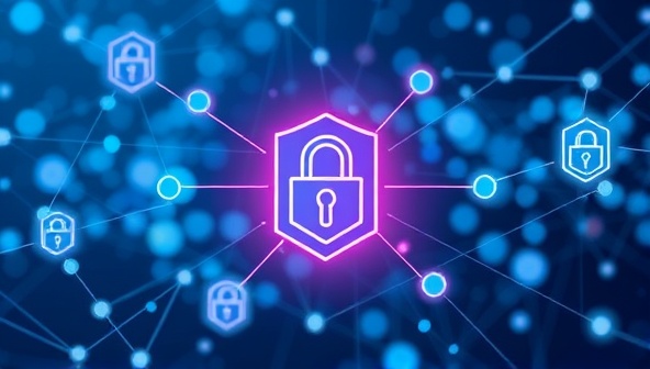 An innovative visualization of interconnected blockchain nodes representing secure drug transactions and verifications within the pharmaceutical supply chain, symbolizing the transparency and integrity ensured by PharmSecure Trace in drug traceability processes.
