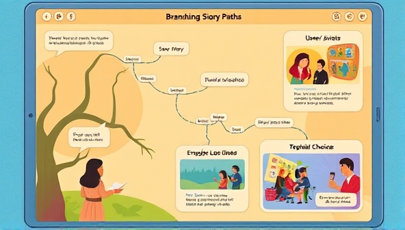 An artistic depiction of a digital interface showing branching story paths, user avatars contributing to a collaborative tale, and colorful illustrations representing different narrative choices, inviting users to engage in interactive storytelling.