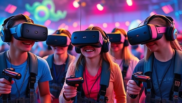 An exciting scene showing a group of players wearing VR headsets, immersed in a vibrant virtual world, with futuristic gadgets and challenges around them, capturing the essence of adventure and technology.