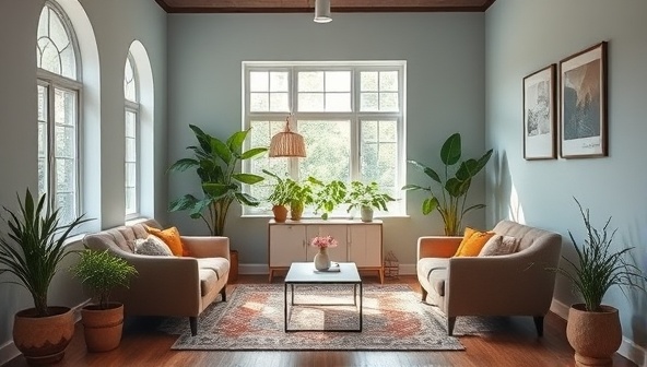 A serene office space with calming colors, comfortable seating, and plants, creating a peaceful environment for coaching sessions and workshops focused on mental wellness for entrepreneurs.