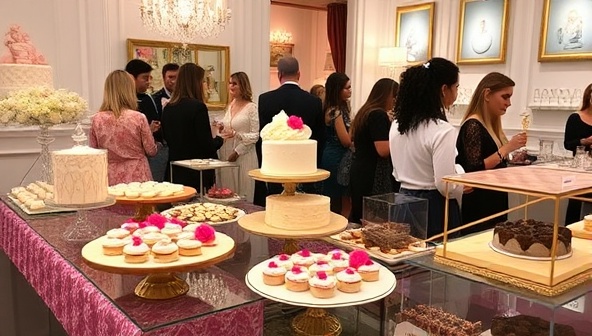 A decadent dessert spread at a Sweet Sensations Showcase pop-up event, featuring an array of exquisite cakes, pastries, and chocolates in a beautifully decorated venue, with attendees savoring the sweet treats and engaging in a luxurious dessert experience.