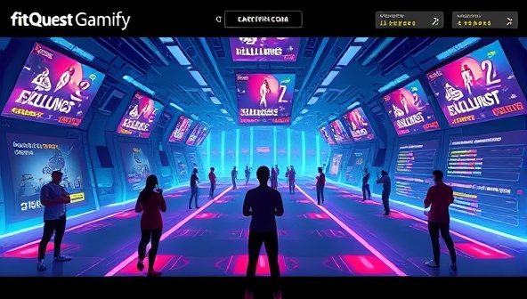 A captivating digital artwork showcasing a virtual world where users' avatars engage in fitness challenges, earn rewards, and level up their fitness skills, surrounded by vibrant gamification elements, leaderboards, and motivational messages, illustrating the immersive and interactive nature of FitQuest Gamify's platform.
