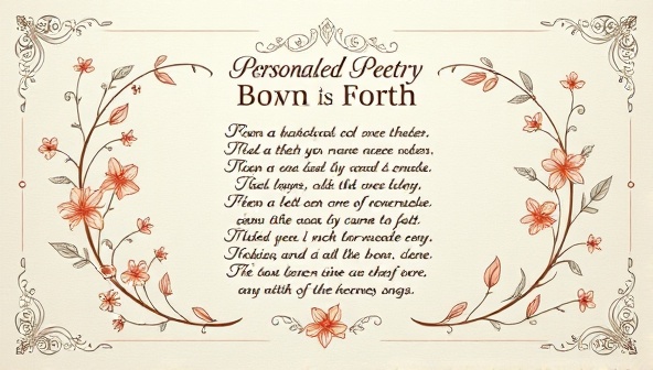 An elegant and artistic presentation of a handcrafted personalized poem, adorned with delicate calligraphy and floral motifs, symbolizing creativity, emotion, and the beauty of bespoke poetry.