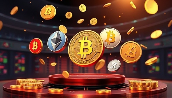 An engaging digital artwork showcasing various cryptocurrencies like Bitcoin, Ethereum, and Litecoin flying around a betting platform, symbolizing the fusion of cryptocurrency and online gambling in a dynamic and futuristic way.