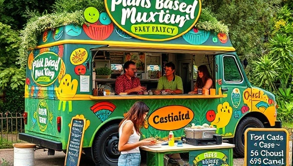 A colorful food truck adorned with vibrant plant-based dishes, surrounded by greenery and eco-conscious customers enjoying their meals outdoors, reflecting a sustainable and vibrant dining experience.